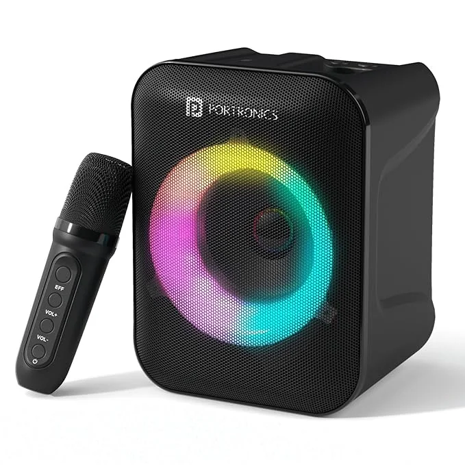Portronics Apollo One 20W Wireless Bluetooth Portable Speaker with Wireless Karaoke Mic, 5 Hour Playtime, RGB LED Light, Bluetooth V5.3, Easy Grab Handle, USB/AUX in/TF Card, Type C Charging(Black) - Best Price ₹1280 at Amazon