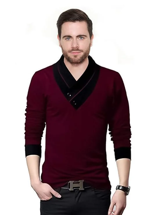 AARTI Enterprises Men's Burgundy V-Neck Long Sleeve Sweater | Slim Fit Winter Pullover with Black Contrast Collar | Soft & Stylish Sweater - Best Price ₹509 at Amazon