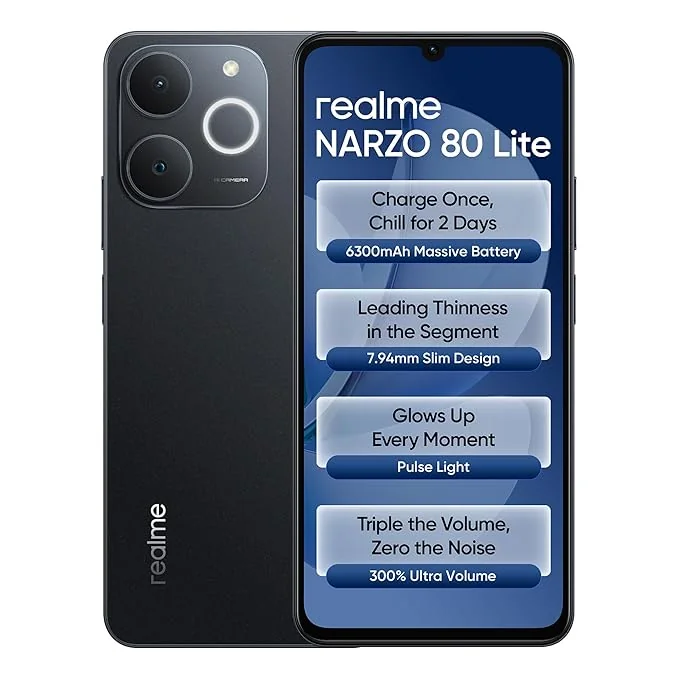 realme NARZO 80 Lite 4G (Obsidian Black, 4GB+64GB) | 6300mAh Segment's Biggest Battery | 7.94mm Slim Design | 300% Ultra Volume | Pulse Light: 9 Colors, 5 Glow Modes | Ai Assist - Best Price ₹7898 at Amazon