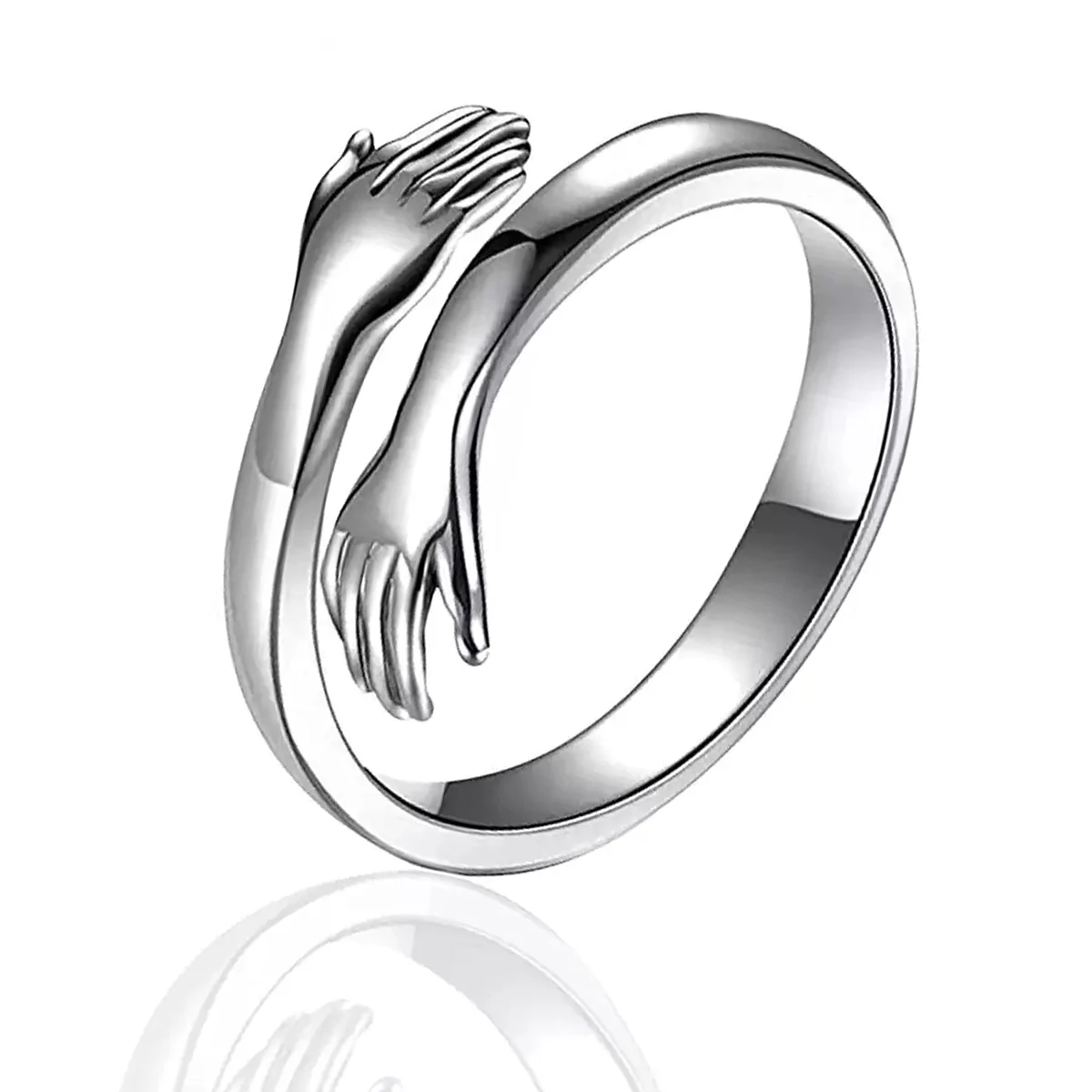 Silver Couple Ring For Women Men Closed Hand Stainless Steel Promise Silver Hug Ring For Girls Women Men Boys Promise Adjustable Couple Ring Anniversary Love Gifts Jewellery