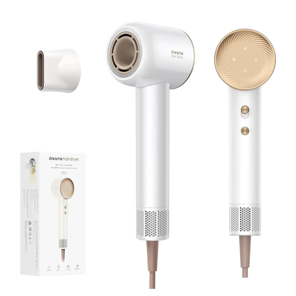 Dreame Glory Hair Dryer, Fast Drying, 300 Million Negative Ionic Blow Dryer, 110,000 RPM Motor High-Speed, Lightweight, Low Noise Hairdryer For Travel, Constant Temperature Hair Care, (White)