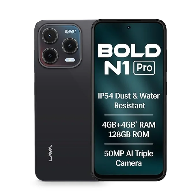 Lava Bold N1 Pro (Stealth Black, 4 GB RAM, 128 GB Storage)| Bigger 6.67" HD+ IP54 Display | 120 Hz Refresh Rate | 50 MP AI Triple Rear Camera | 8 MP Front Camera| 5000 mAh Battery| Charger in Box - Best Price ₹6798 at Amazon