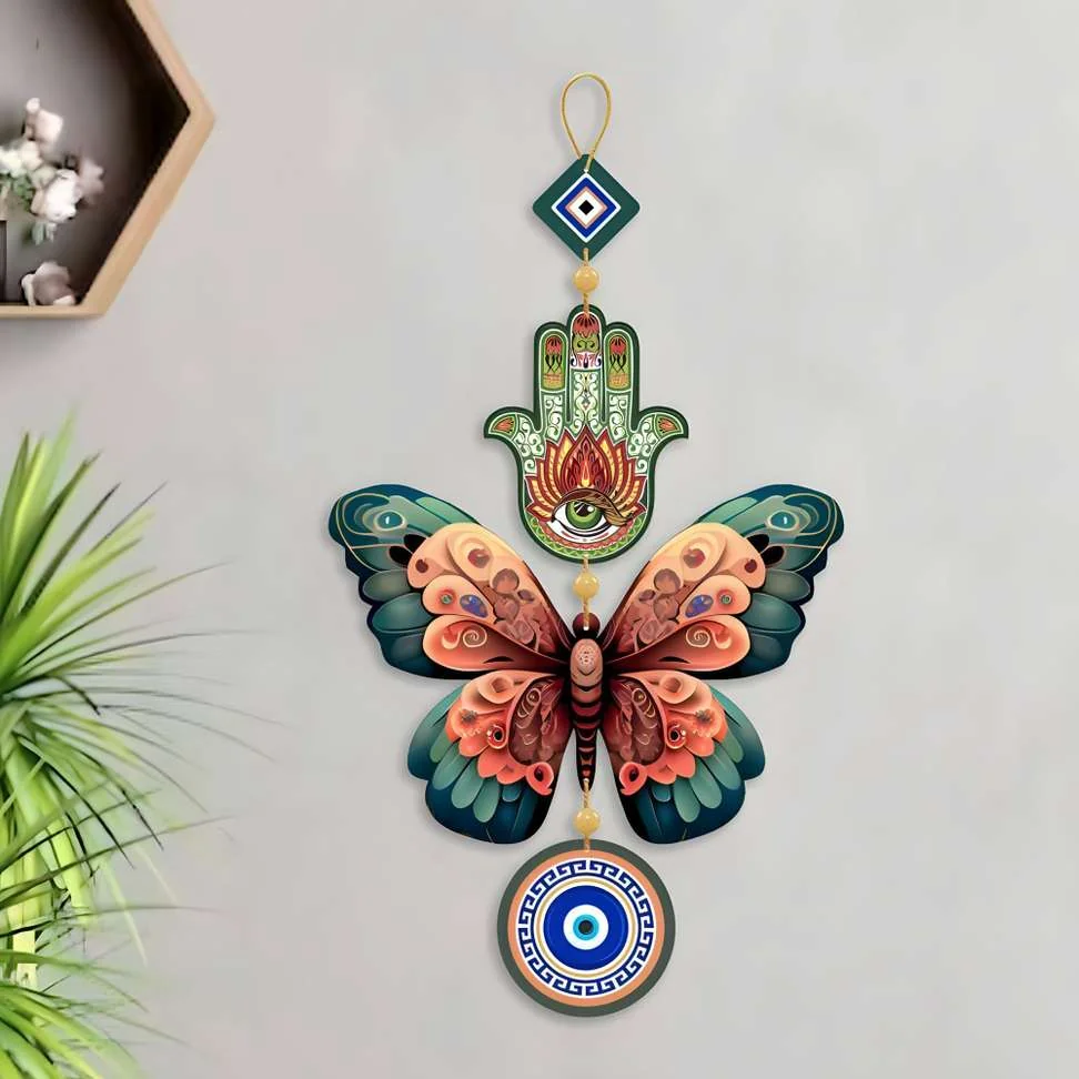 wooden green fusion butterfly with evil eye wall hanging,office,living room - Best Price ₹45 at Shopsy