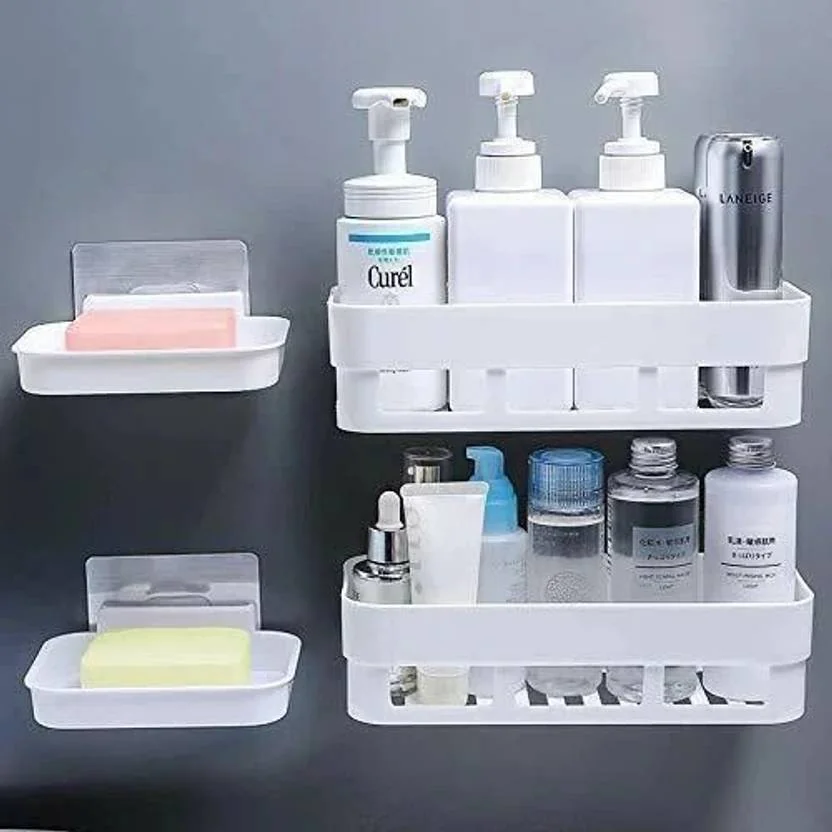 KYASO Pack of 4 Wall Mount Bathroom Shelf and Soap Rack for Home and Kitchen. Adhesive Sticker Support Without Drilling. (2 Bathroom Shelf + 2 Soap Dish, White Color)  (White)