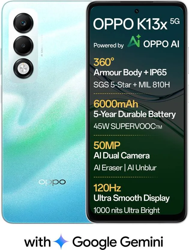 OPPO K13x 5G 6000mAh and 45W SUPERVOOC Charger & AI (Breeze Blue, 128 GB)  (6 GB RAM) - Best Price ₹13999 at Flipkart