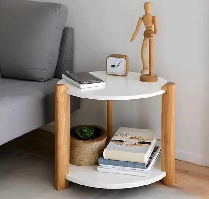 Modern Round Side Table, Home Decor for Living Room, Bed Side Tables for Bed Room, stools for Home, Furniture for Home, 2-Tier White Shelves, 30 x 30 x 40 cm