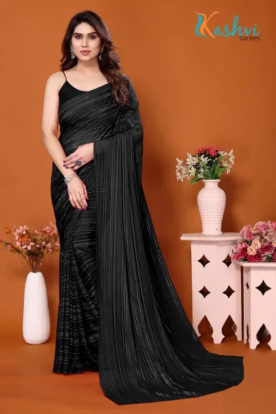 kashvi sarees Embellished, Striped, Ombre Leheria Satin Saree  (Black)