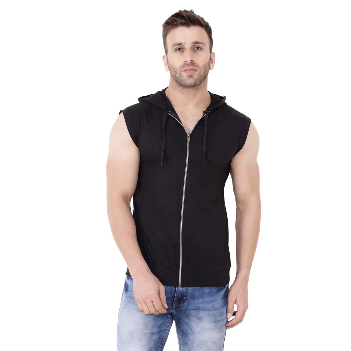 Men's Sleeveless Zip-Up Hoodie | Lightweight Gymwear Vest with Hood and Front Zipper