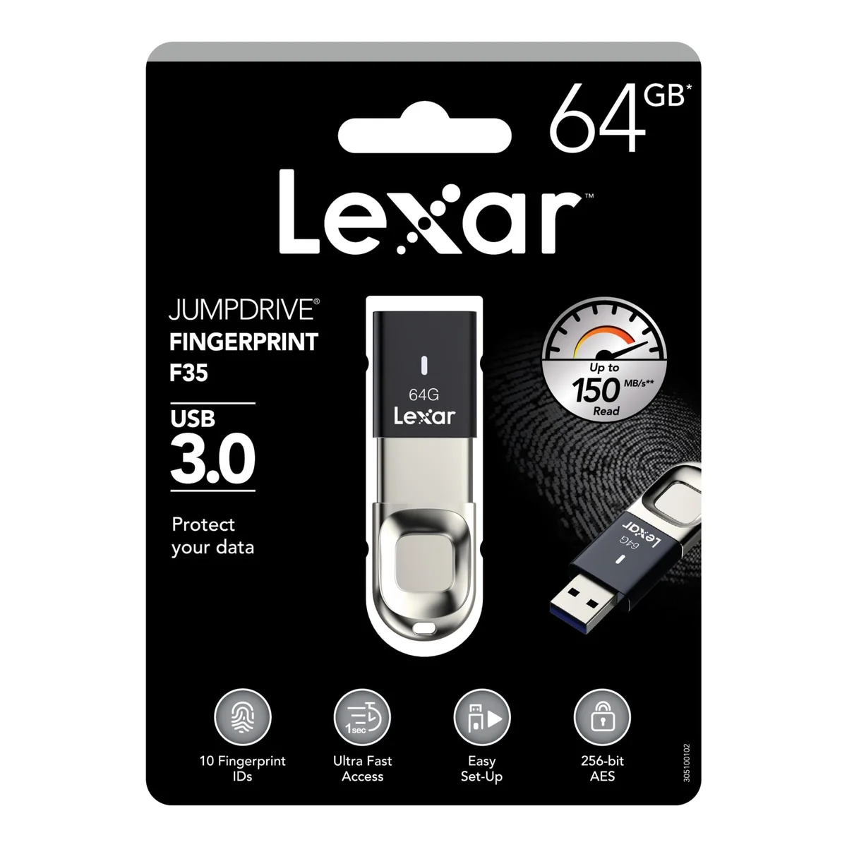 Lexar LJDF35-64GBNL JumpDrive Fingerprint F35 64 GB USB 3.0 Flash Drive, Black/Silver