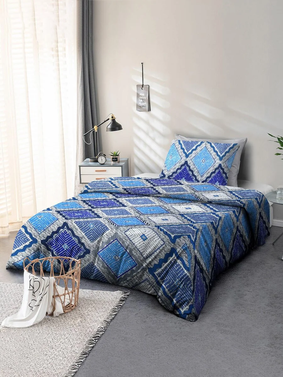 Teal Ethnic Motifs Microfiber 110 TC Single Coarse Bedsheet with a Pillow Cover-90 x 60 inches