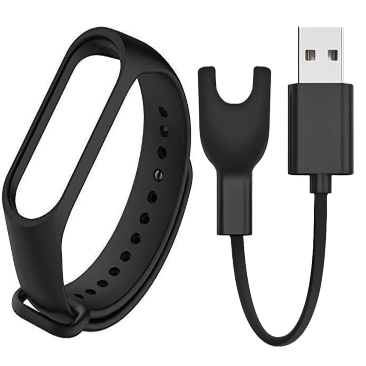 ( Combo Pack Mi Band 3 Strap + M3/3i Charger Usb Adopter Cable Dock Charger - (1 M3/M4 Strap + 1 M3/3i Charging Cable) Black - Pack Of 1