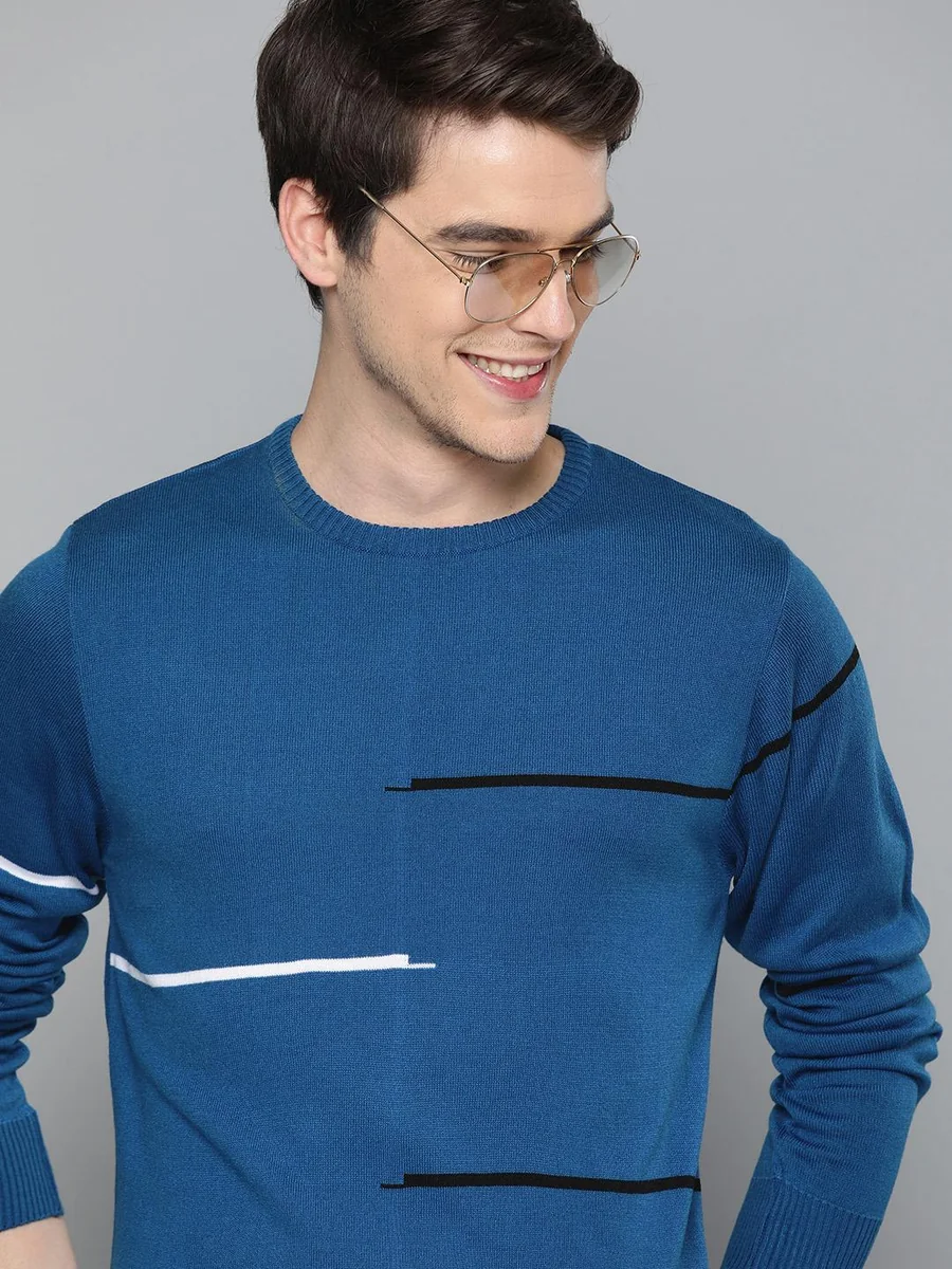 Mast & Harbour Men Navy Blue & Black Self Design Sweater