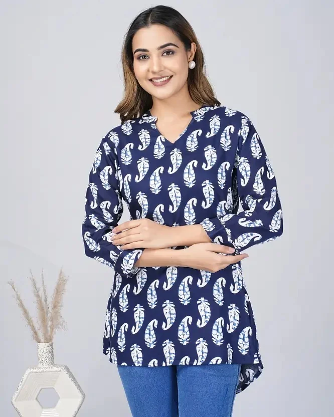 Fabitude Women Printed Cotton Rayon Straight Kurta  (Dark Blue)