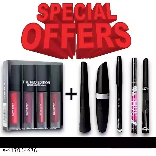 Combo of 4in 1 Red matte lipstick with 4 different shades and  Waterproof Eyeliner, Mascara With Eyebrow Pencil  3 g (Black) & 2 LONG LASTING EYELINER PENCIL & ADS KAJAL - Best Price ₹117 at Meesho