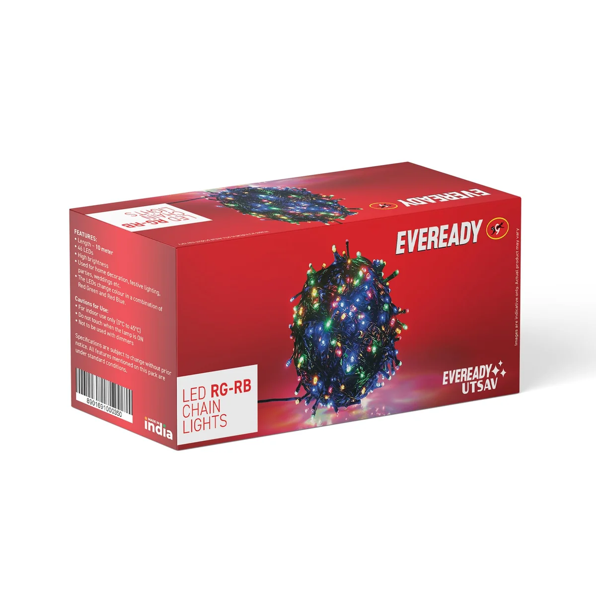 Eveready Utsav, 10 Meter LED RG-RB Chain Lights, 46 LEDs, Multicolour Lights for Home, Wedding, Diwali, Christmas & Party Decoration, High Brightness, BIS Approved, Made in India, Pack of 1