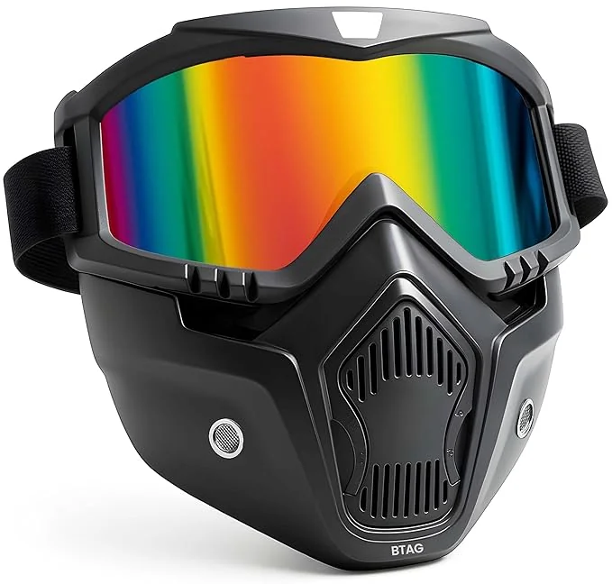 Btag Anti Scratch UV Protective Motorcycle Face Mask with Detachable Goggles | Anti-Fog UV Protection Riding Mask with Removable Breathable Filter | Full Face Windproof Shield for Biking.(Rainbow)