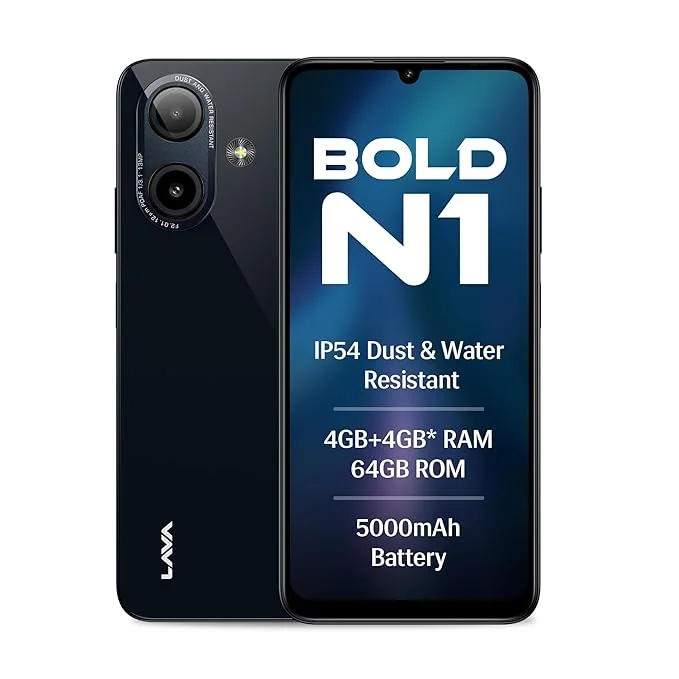 Lava Bold N1 (Radiant Black, 4 GB RAM, 64 GB Storage) | 6.75" (90 Hz) HD+ Display | 13MP AI Dual Rear Camera | 5000 mAh Battery | Secure Face Unlock | Fingerprint Reader | Charger & Phone-Case in Box - Best Price ₹5999 at Amazon