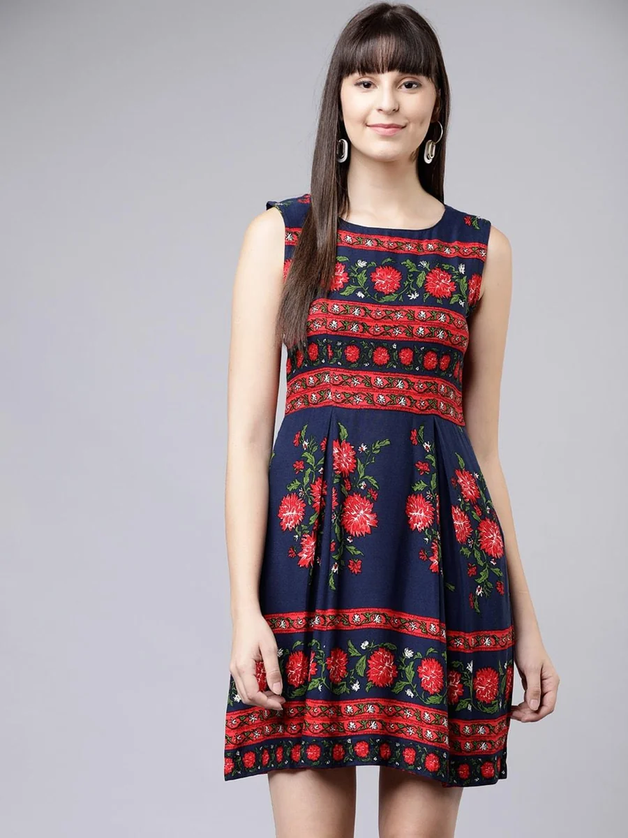 Navy Blue Floral Printed Fit and Flare Dress - Best Price ₹383 at Myntra