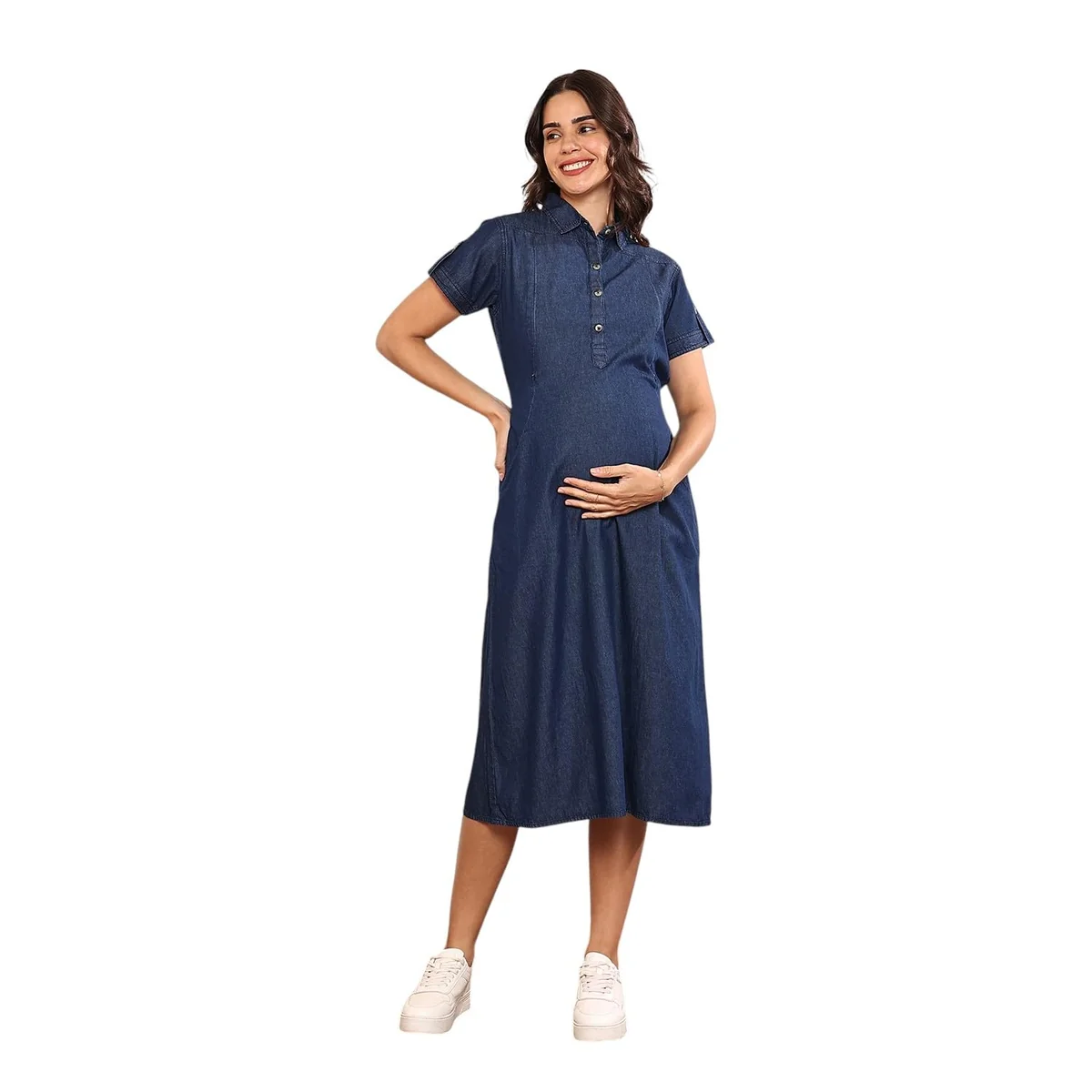 Women's Cotton Maternity Denim/Pregnancy Dress/Easy Breastfeeding/Western Dress with Zippers for Nursing Pre and Post Pregnancy (Dark Blue Medium)