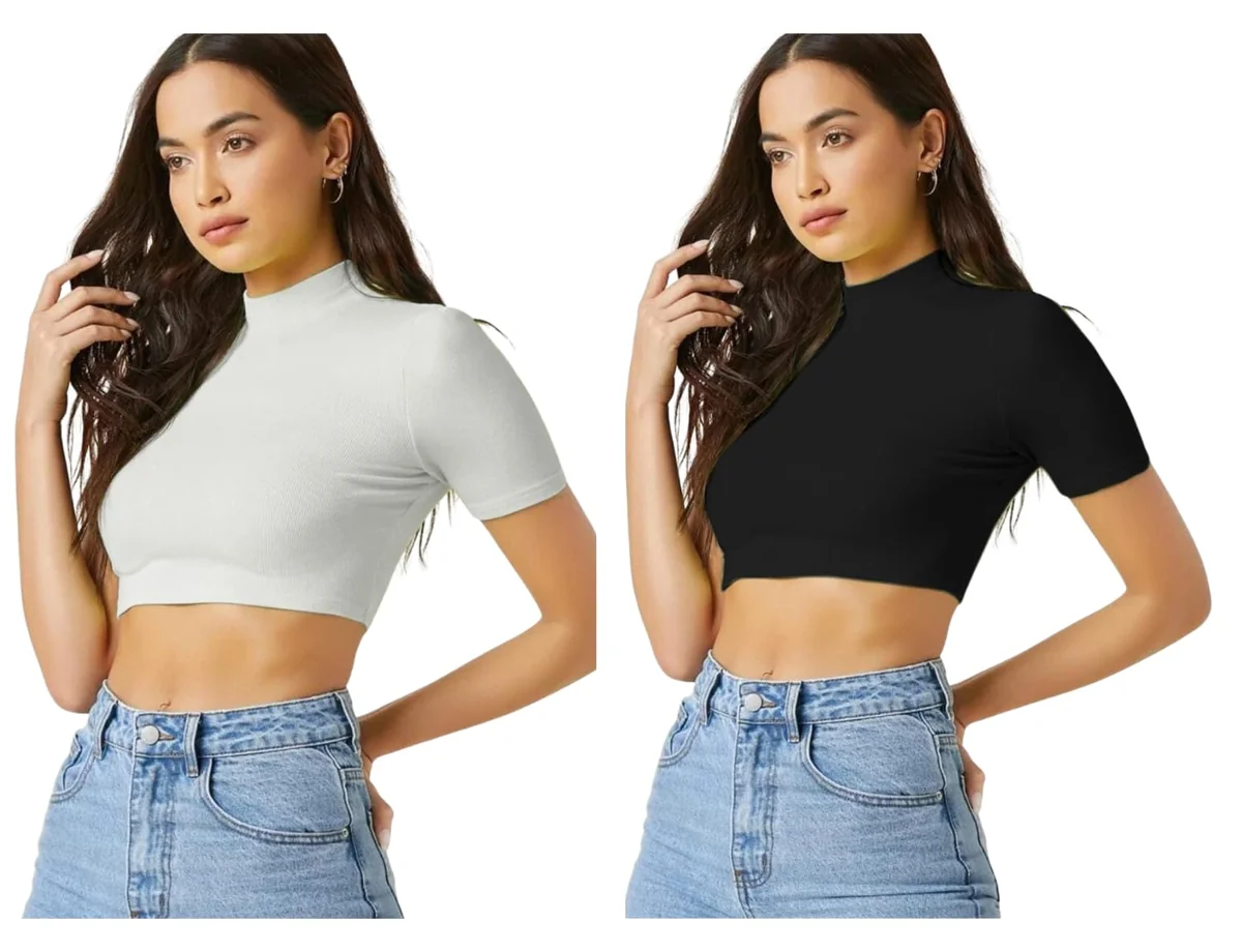 Women's High Neck Short Sleeves Stylish Crop Top, 17 Inches - Pack of 2 (White Combo-Bullet-P)