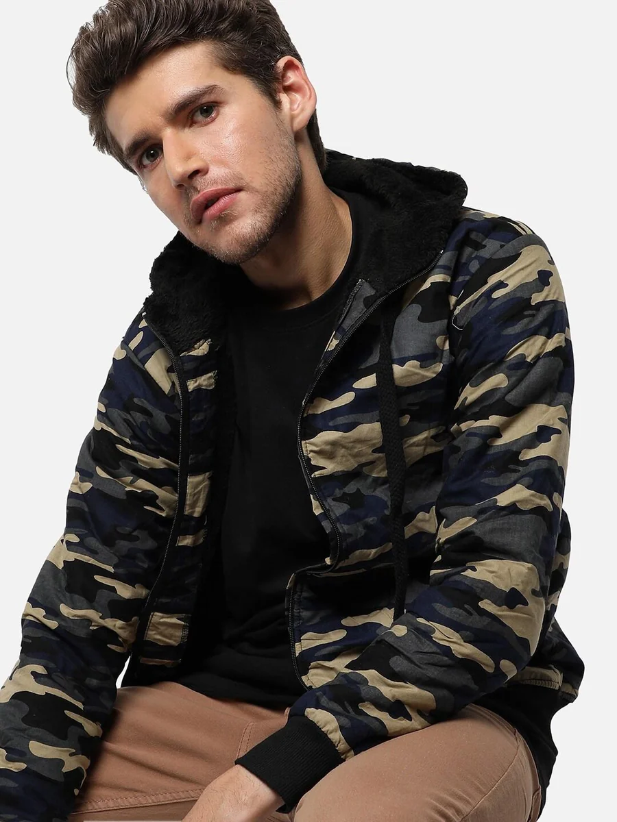 Men Grey Beige Camouflage Windcheater Outdoor Cotton Tailored Jacket