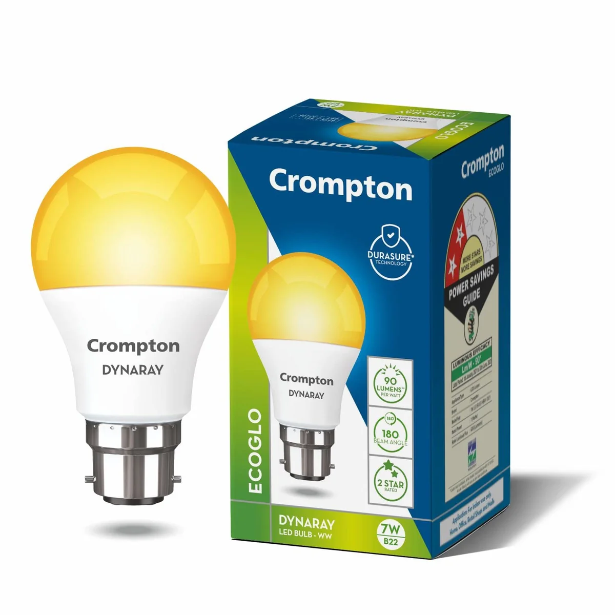 Crompton Dyna Ray LED Bulb | 7W | Warm White | B22 Base | 180 Degree Coverage | 4kV Surge Protection | 440V High Voltage Protection | Pack of 1 - Best Price ₹45 at Amazon