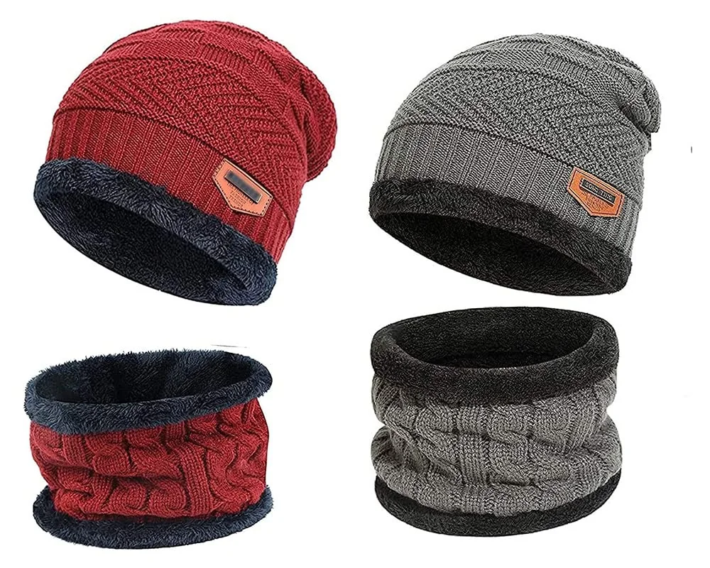 2 Pairs Men's Women's Snow Proof Inside Fur Warm Woolen Cap with Neck Muffler Warmer Scarf for Winter Free Size Beanie Cap with Neck Warmer Set(E1)