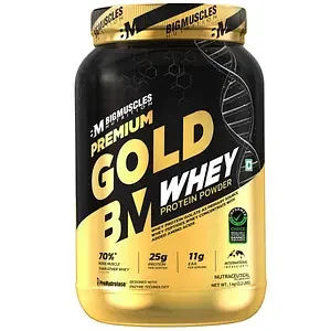 Bigmuscles Nutrition Premium Gold Whey | Informed Choice UK Certified | Isolate Whey Protein Blend | 25g Protein | 11g EAA | ProHydrolase Enzyme Technology (1kg, Rich Chocolate) - Best Price ₹1499 at Hyugalife