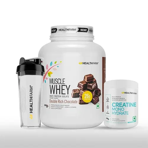 HEALTHFARM Best Selling Combo (Muscle whey Protein 2kg Double Rich Chocolate + Creatine 250gms+ Plastic Shaker ) - Best Price ₹4999 at Hyugalife
