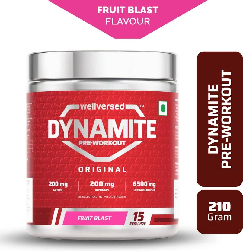 Wellversed Dynamite Pre-Workout (210g, 15 Servings) | Unleash Explosive Energy Pre Workout  (210 g, Fruit Blast) - Best Price ₹669 at Flipkart
