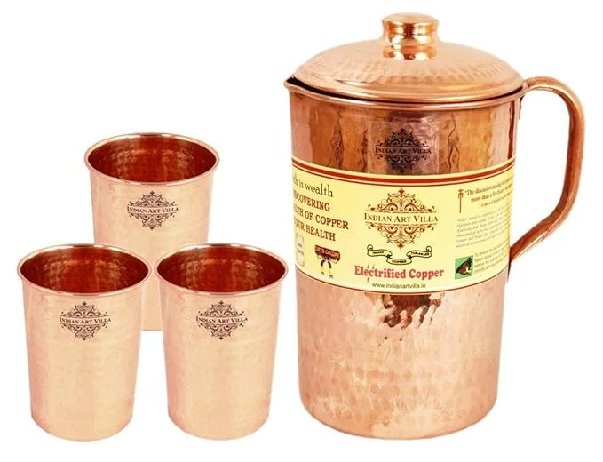 Indian Art Villa Copper Jug Pitcher with 3 Glass Tumbler Set, Storage Water Drinkware, 4 Pieces - Best Price ₹2105 at Amazon