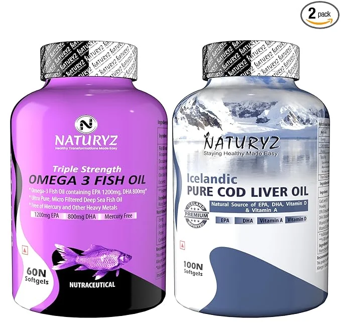 Naturyz Triple Strength Omega 3 Fish Oil 2500mg with Highest Strength (EPA 1200mg DHA 800mg) & Imported Icelandic COD Liver Oil Combo Pack for Immunity Skin Eye Muscle Joint, 2 count,60100 capsules - Best Price ₹987 at Amazon