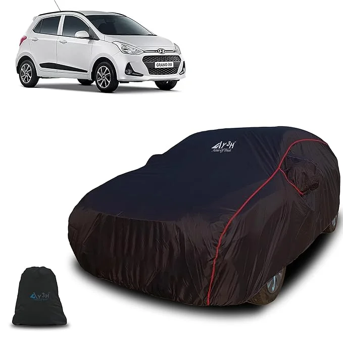 Y3H Fully Waterproof Car Body Cover Compatible with Hyundai i10 Grand with Mirror Pocket, Scratch Proof, Anti-Dust, UV Protection with Windproof Belt & Buckle, Bottom Elastic (Red Piping Design) - Best Price ₹999 at Amazon