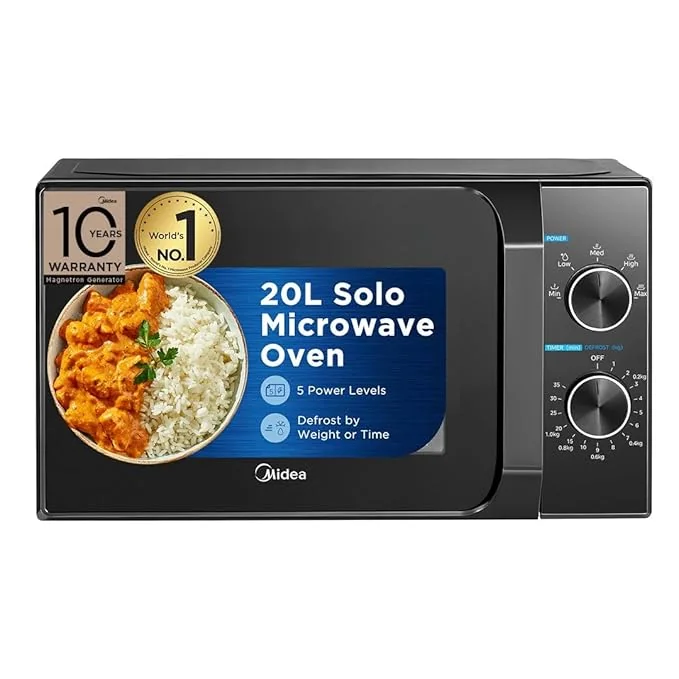 Midea 20L Solo Microwave Oven (MMO20CXAMMPEBK, Black, 5 power levels & Defrost function) - Best Price ₹4690 at Amazon