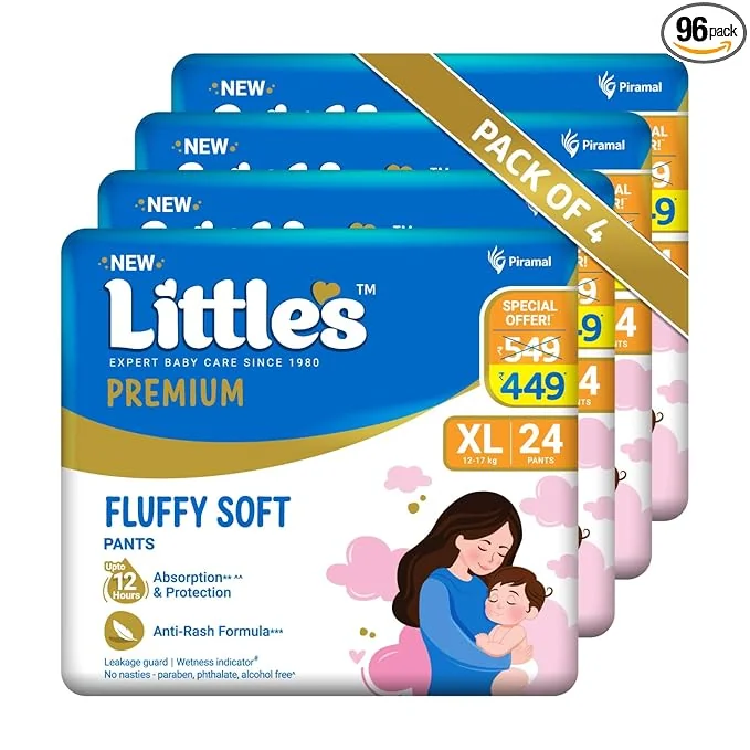 Little's Premium Baby Diapers XL Size (Extra Large) Pants Style | 12-17 kg | 96 Count - Pack of 4 | CottonSoft Baby Diaper with Leakage Guard, Wetness Indicator & 12 Hours Absorption - Best Price ₹1044 at Amazon