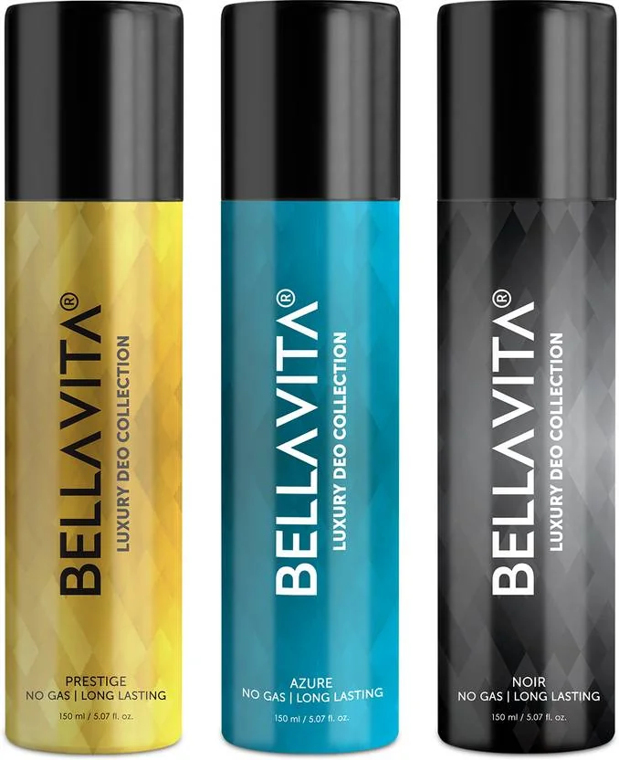 BELLAVITA Noir,Azure & Prestige Deo Parfum Combo|3x150ml|Long lasting Body spray| Deodorant Spray  -  For Men & Women  (450 ml, Pack of 3) - Best Price ₹275 at Flipkart