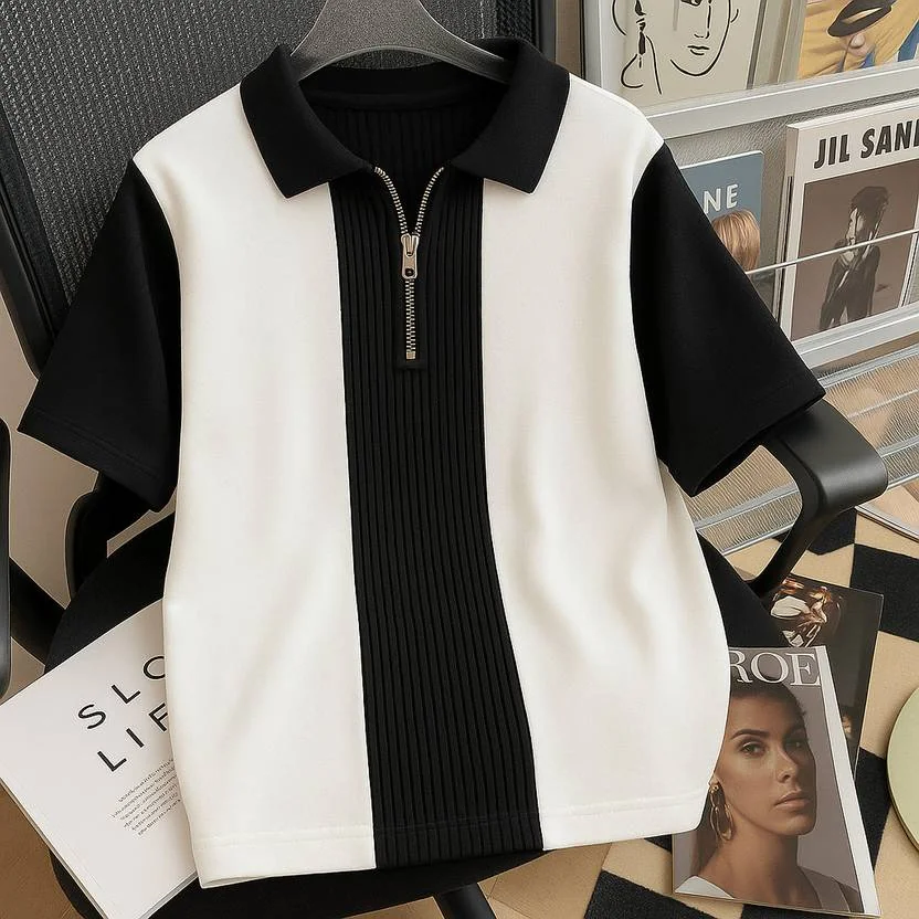 Try This Men Self Design Zip Neck Cotton Blend White, Black T-Shirt