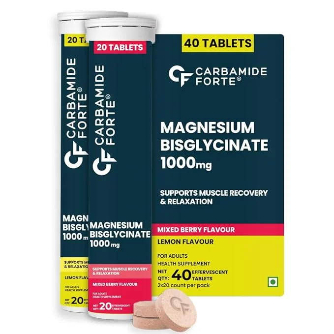 Carbamide Forte Magnesium Supplements Bisglycinate Effervescent Tablets 1000mg | Magnesium Glycinate Tablets | Supports Sleep, Muscle Cramp & Nerve Function - 2 X 20 Tablet - Lemon & Mixed Berry Flavour - Best Price ₹357 at Amazon