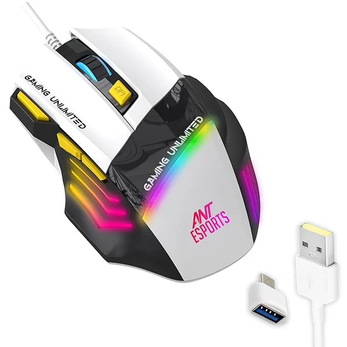 Ant Esports GM100 Optical Gaming Mouse, 7 Button Wired USB Mouse, 4000 FPS Sensor, 3600 DPI, RGB Lighting, 1.5m PVC Cable, Ergonomic Design, for Windows PC, Laptop, Gaming & Office Use – Black & White - Best Price ₹349 at Amazon