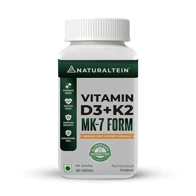 NATURALTEIN Vitamin D3 + K2 Supplement | 600 IU Plant-Based D3 & 55 mcg MK-7 K2 | 60 Unflavoured Tablets for Bone, Muscle & Calcium Support - Best Price ₹297 at Amazon