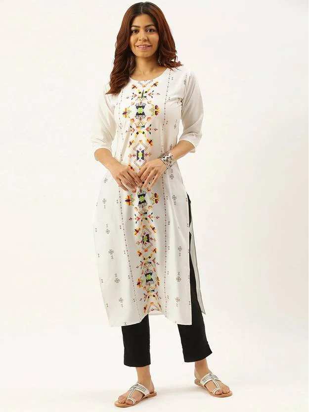 EthnicBasket Women Printed Crepe Straight Kurta  (White, Grey)