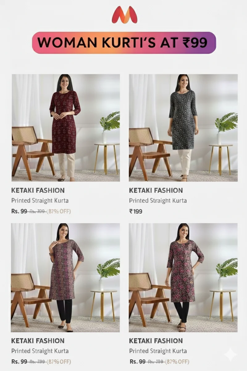 Woman's Kurti starting at 99 - Best Price ₹699 at Myntra