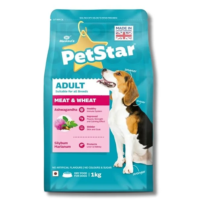 Mankind PetStar Adult Dry Dog Food (High Protein) Meat & Wheat Flavor, 1kg Pack | Improves Muscle & Strength, Supports Immunity, Protects Liver & Kidney - Best Price ₹397 at Amazon