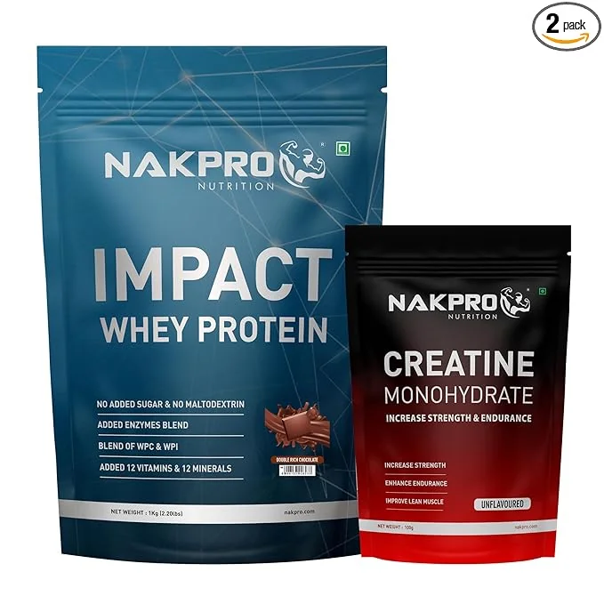 NAKPRO Impact Whey Protein 1kg, Double Rich Chocolate | Isolate & Concentrate | 24g Protein & 4.9g BCAA | NAKPRO Micronised Creatine Monohydrate Powder, 3g Creatine/Serve (100g, Unflavoured) Combo - Best Price ₹1199 at Amazon