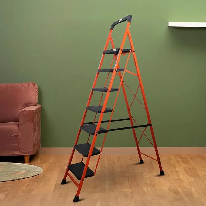 BonKaso Premium Steel Multipurpose Climb Easy Anti-Slip 7-Step Foldable Ladder with Safety Clutch Lock, Support Handle and Tool Tray for Home - (Orange & Black) - Best Price ₹3319 at Amazon