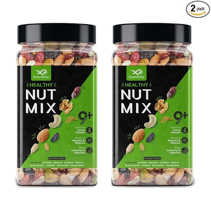GreenFinity Absolute Health, Premium Fruit, Nut & Fiber SuperMix, Healthy Mixed Nuts with Dry Fruits | Almonds | Cashews | Cranberry | Pumpkin Seeds | Walnuts, Reusable Jar, 500gm | PACK OF 2 - Best Price ₹511 at Amazon