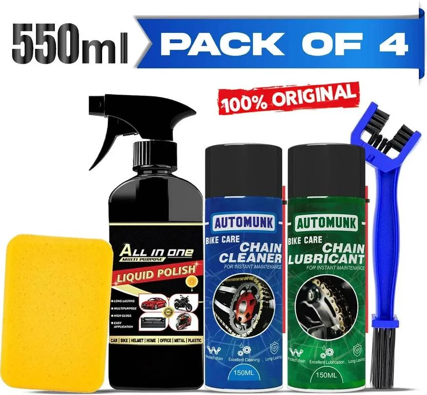 automunk Vehicle Lubricant + Chain Cleaner + Bike & Car Polish With Cleaning Brush Shines & Protects Chain Chain Oil  (550 ml, Pack of 4)