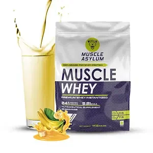 Muscle Asylum Premium 100% Whey Protein, 24g Protein, 5.2g Bcaa, For Muscle Building & Recovery ,25 Servings (Banana)-1kg (2.2 lbs), Bag - Best Price ₹1220 at Hyugalife