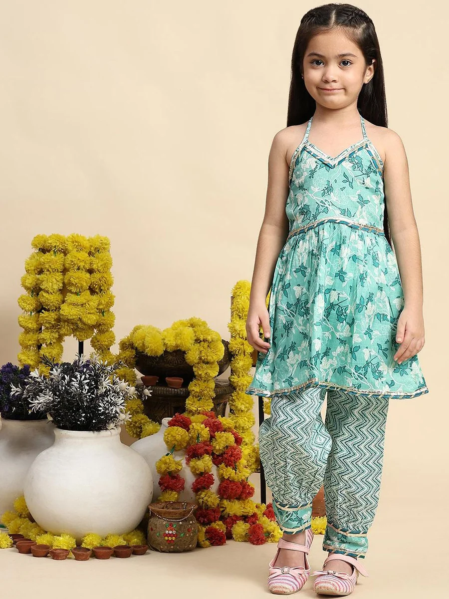 Cutiekins Girls Floral Printed Halter Neck A-Line Kurta With Salwar - Best Price ₹239 at Myntra