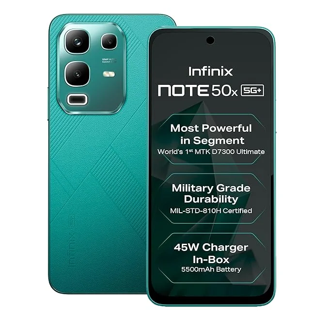 Infinix Note 50x 5G+ (Sea Breeze Green, 6GB RAM, 128GB Storage) | MediaTek D7300 Ultimate | 90FPS BGMI Gaming | 5500mAH Battery with 45W FastCharge | 650K+ AnTuTu AI